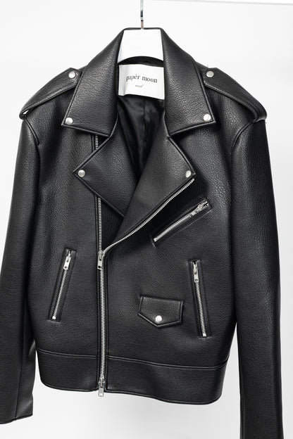paper moon Black Oversized Chunky Zipper Vegan Leather Biker Jacket