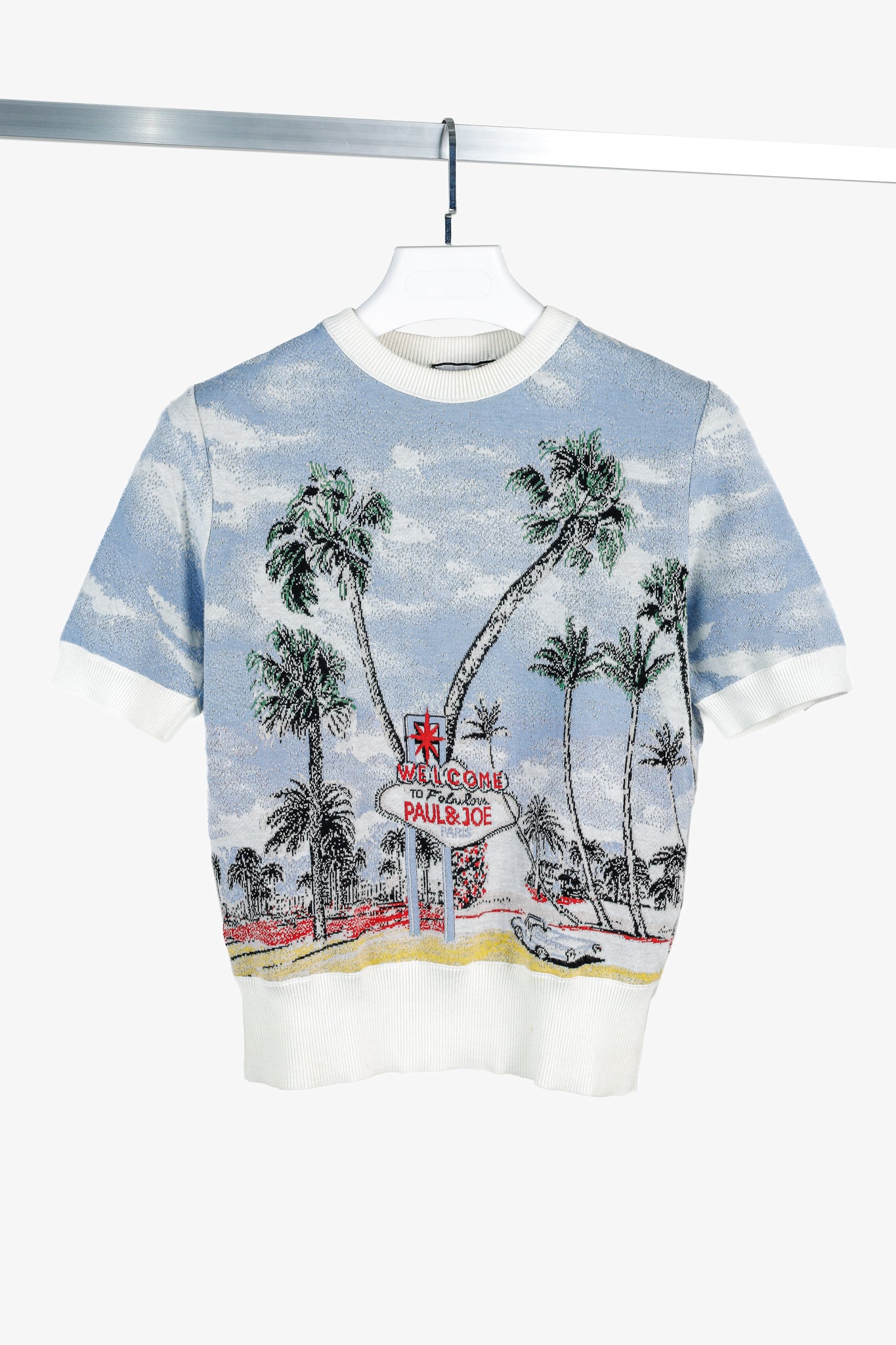 Paul & Joe SS/18 Blue Vegas-Print Cotton Short-Sleeve Sweater