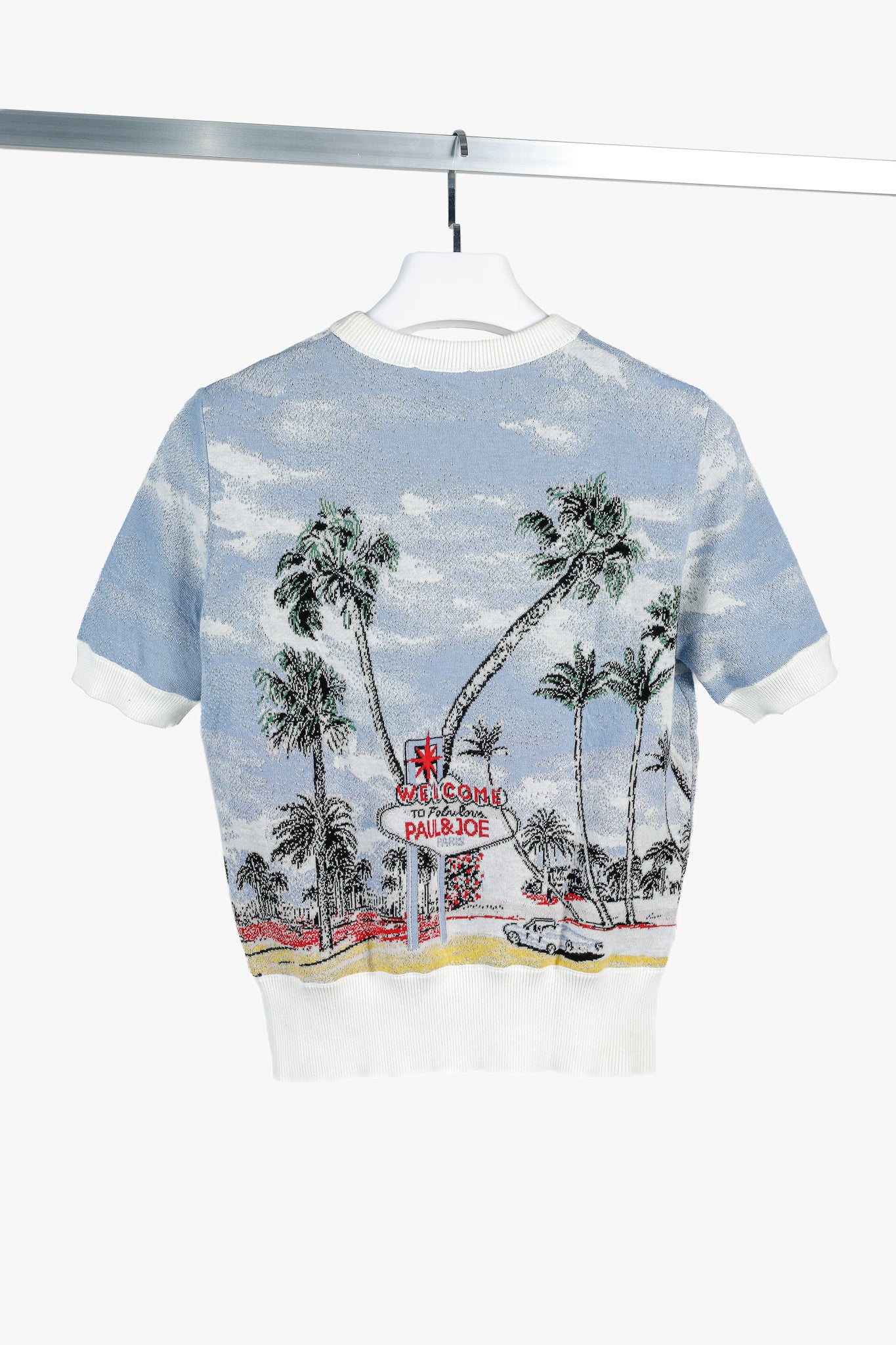 Paul & Joe SS/18 Blue Vegas-Print Cotton Short-Sleeve Sweater