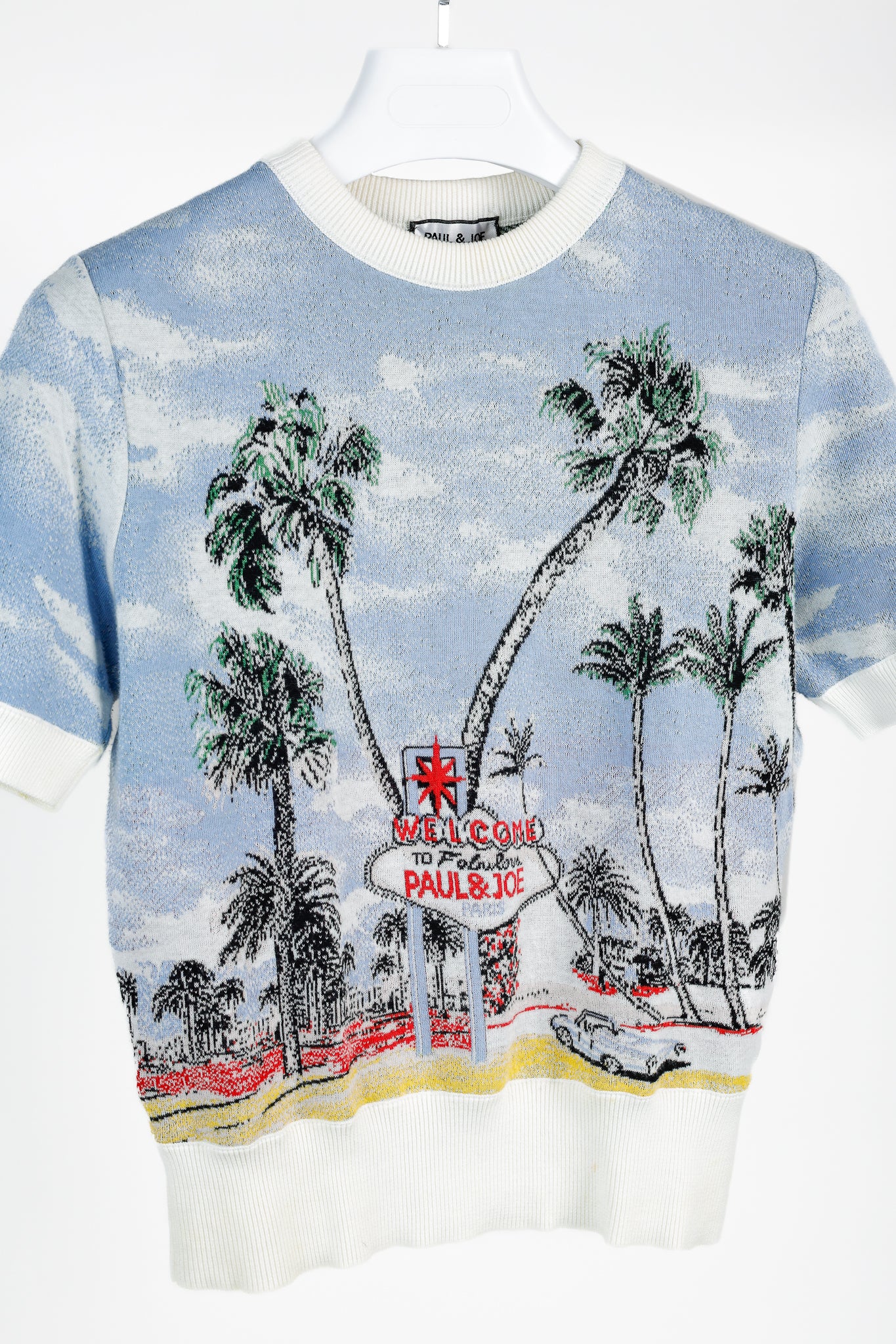 Paul & Joe SS/18 Blue Vegas-Print Cotton Short-Sleeve Sweater