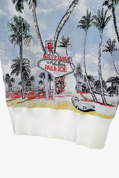Paul & Joe SS/18 Blue Vegas-Print Cotton Short-Sleeve Sweater