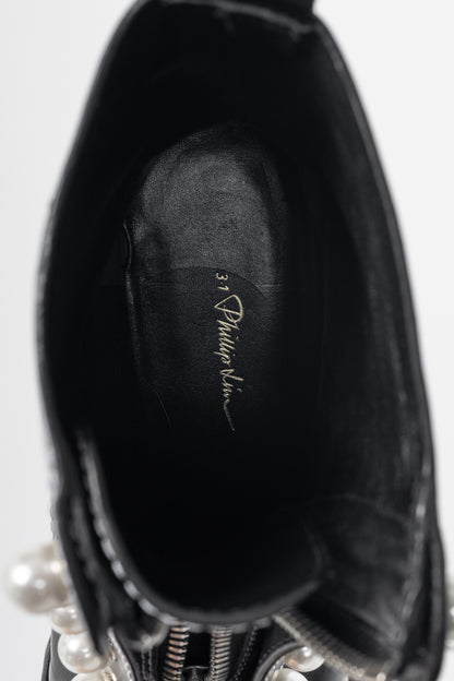 3.1 Phillip Lim Hayett Black Leather Pearl Zip-Up Boots
