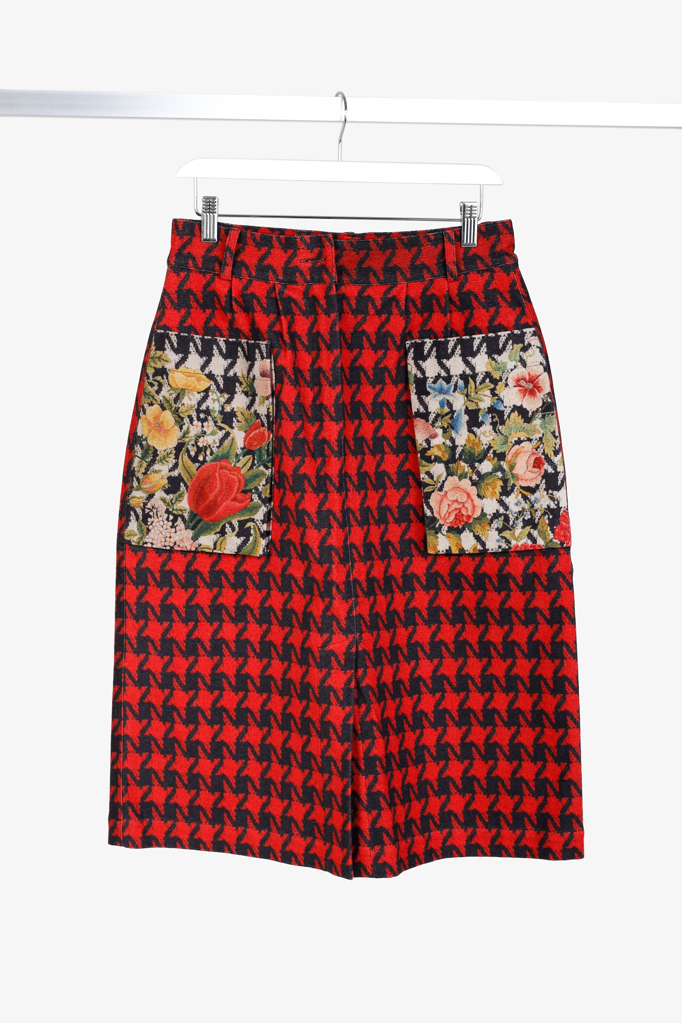 Pierre Louis Mascia Red Houndstooth & Floral Pencil Skirt
