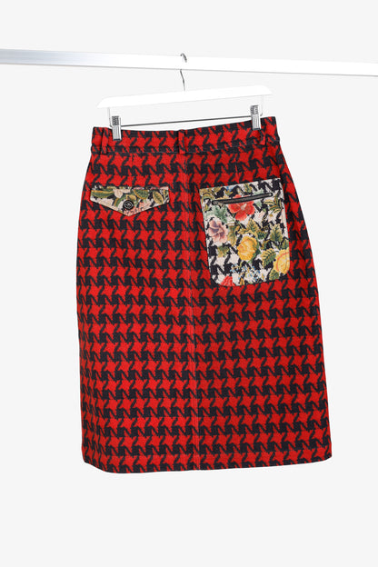 Pierre Louis Mascia Red Houndstooth & Floral Pencil Skirt