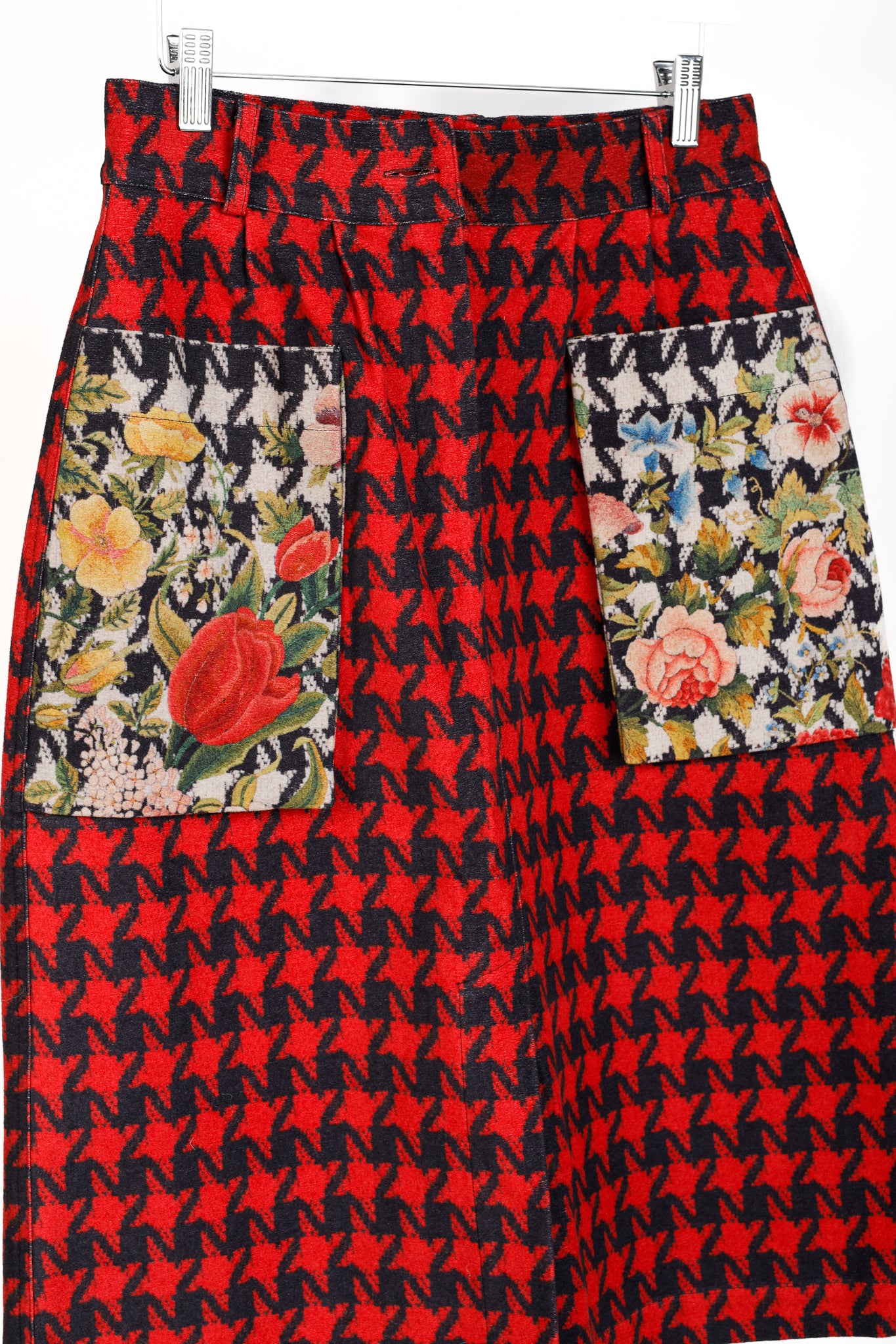 Pierre Louis Mascia Red Houndstooth & Floral Pencil Skirt