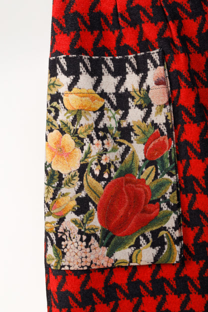Pierre Louis Mascia Red Houndstooth & Floral Pencil Skirt