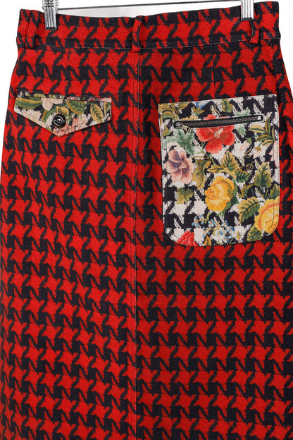 Pierre Louis Mascia Red Houndstooth & Floral Pencil Skirt