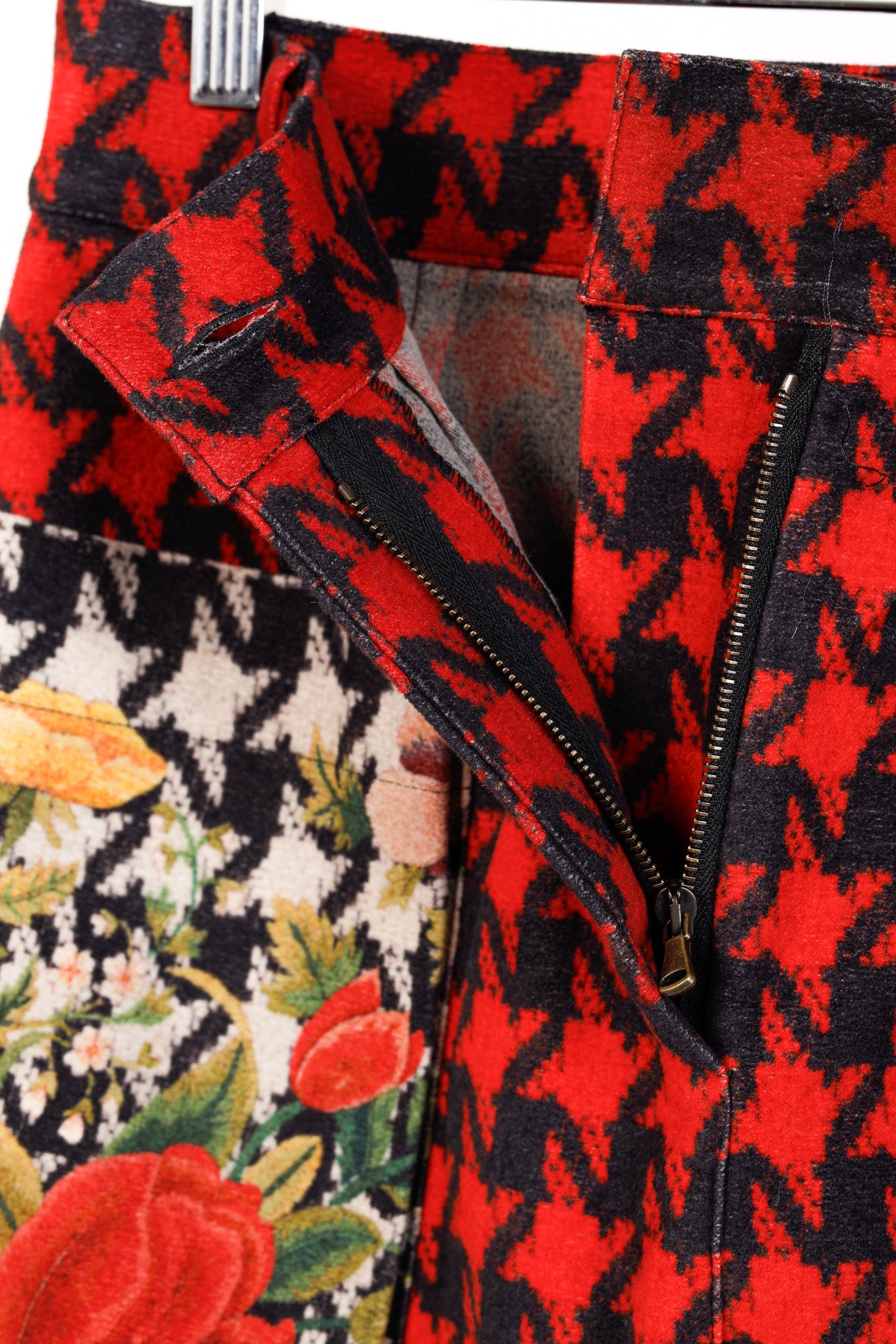Pierre Louis Mascia Red Houndstooth & Floral Pencil Skirt