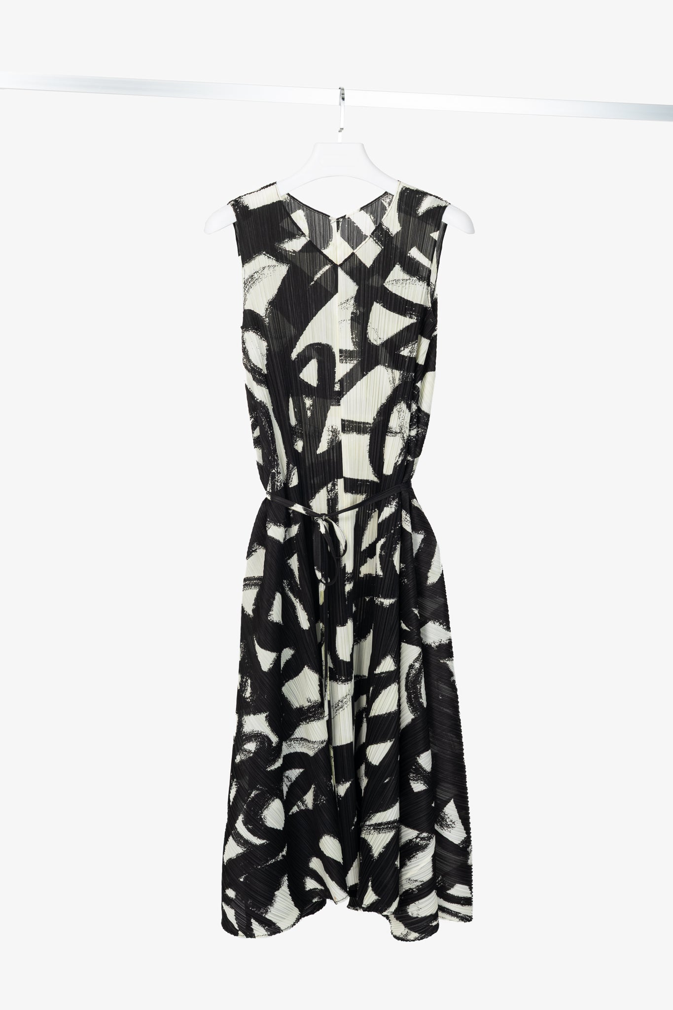 Pleats Please Issey Miyake Spin White & Black Printed Midi Swing Dress
