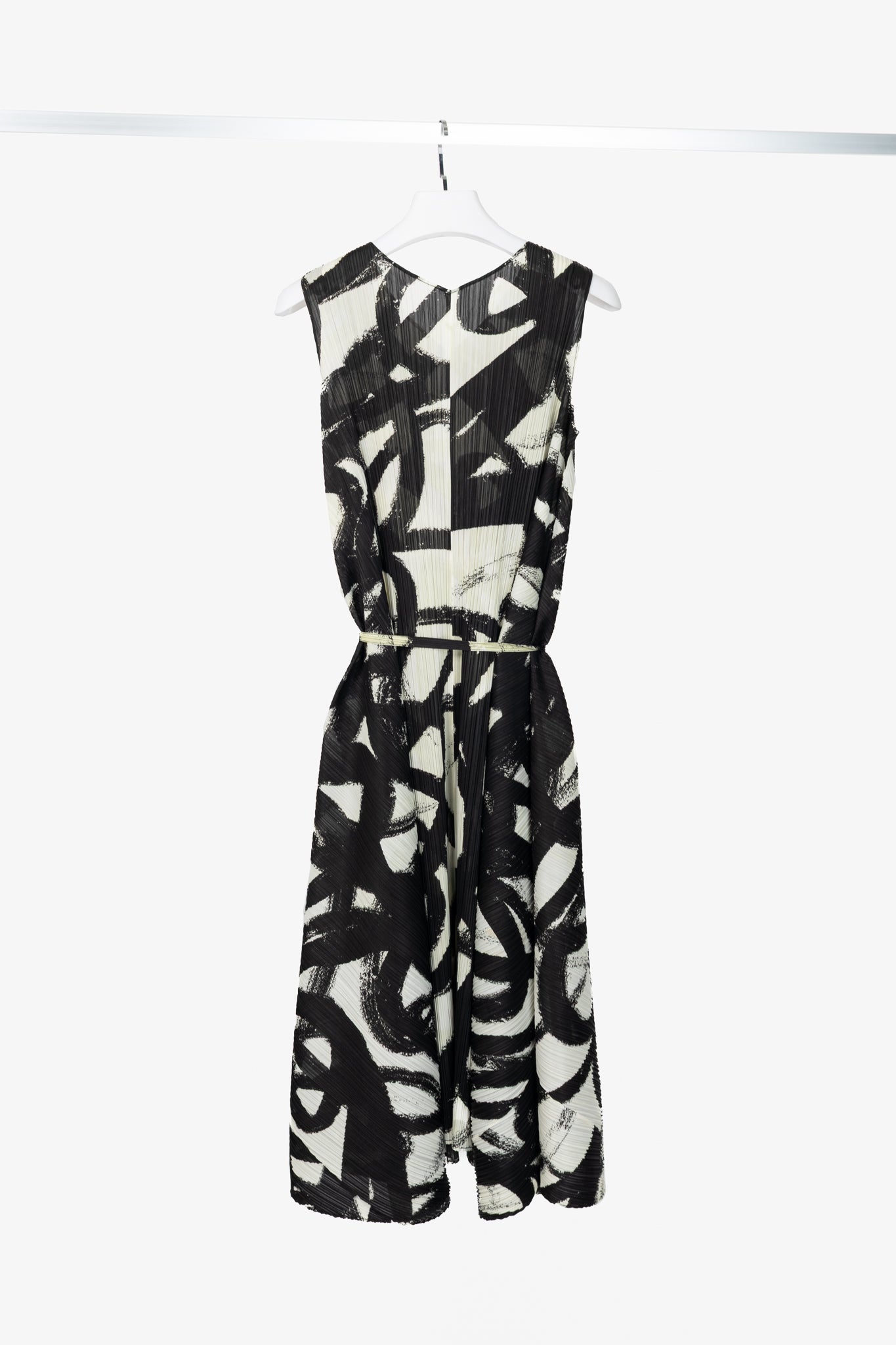 Pleats Please Issey Miyake Spin White & Black Printed Midi Swing Dress