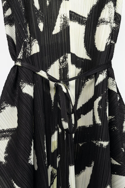 Pleats Please Issey Miyake Spin White & Black Printed Midi Swing Dress