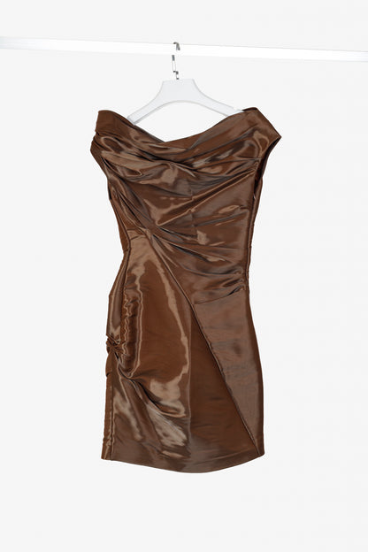 Ports 1961 AW/10 Runway Brown Shiny Off-The-Shoulder Mini Dress