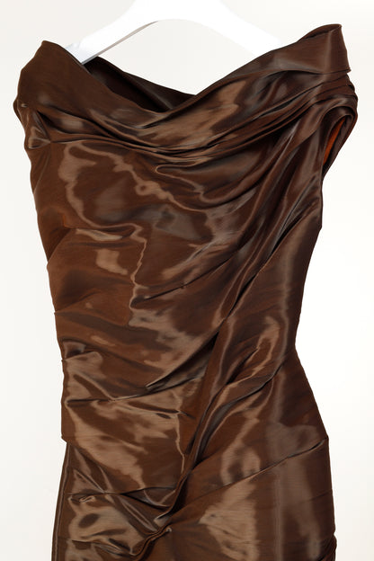 Ports 1961 AW/10 Runway Brown Shiny Off-The-Shoulder Mini Dress