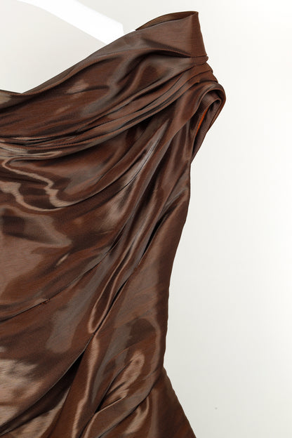 Ports 1961 AW/10 Runway Brown Shiny Off-The-Shoulder Mini Dress