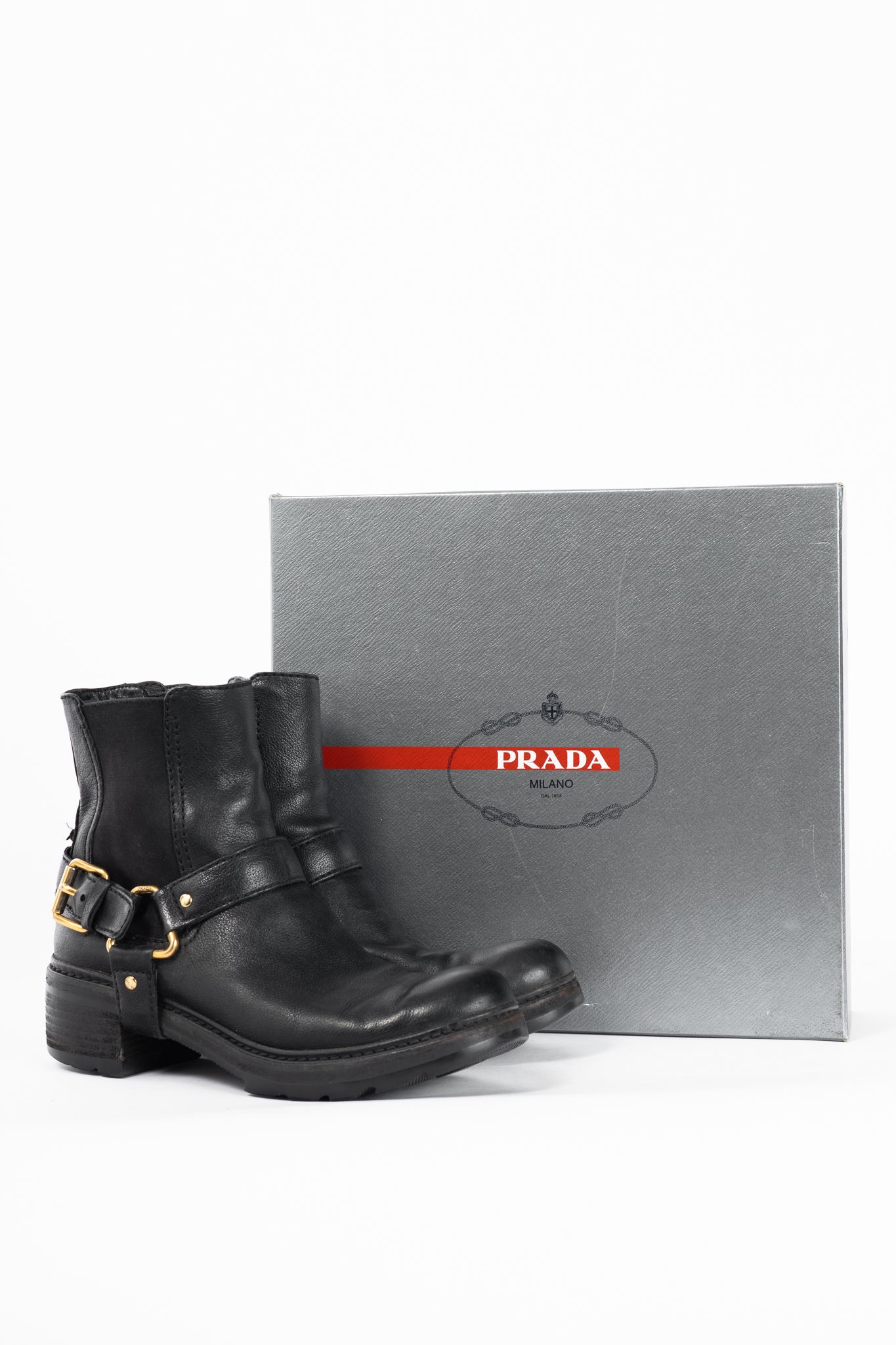 Prada Nero Bufalo Antic Harness Chelsea Boots