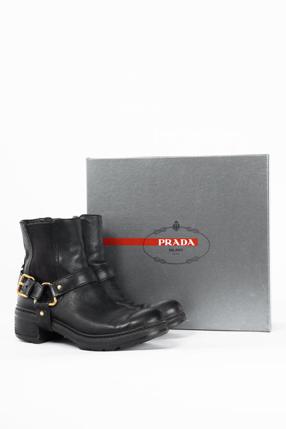 Prada Nero Bufalo Antic Harness Chelsea Boots