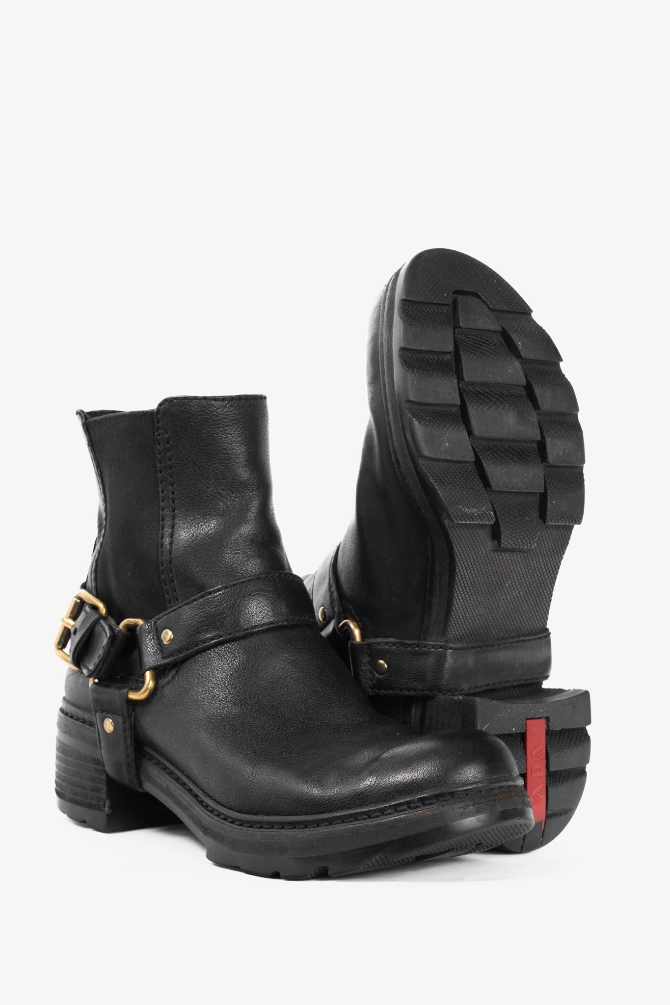 Prada Nero Bufalo Antic Harness Chelsea Boots