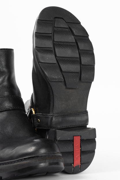 Prada Nero Bufalo Antic Harness Chelsea Boots