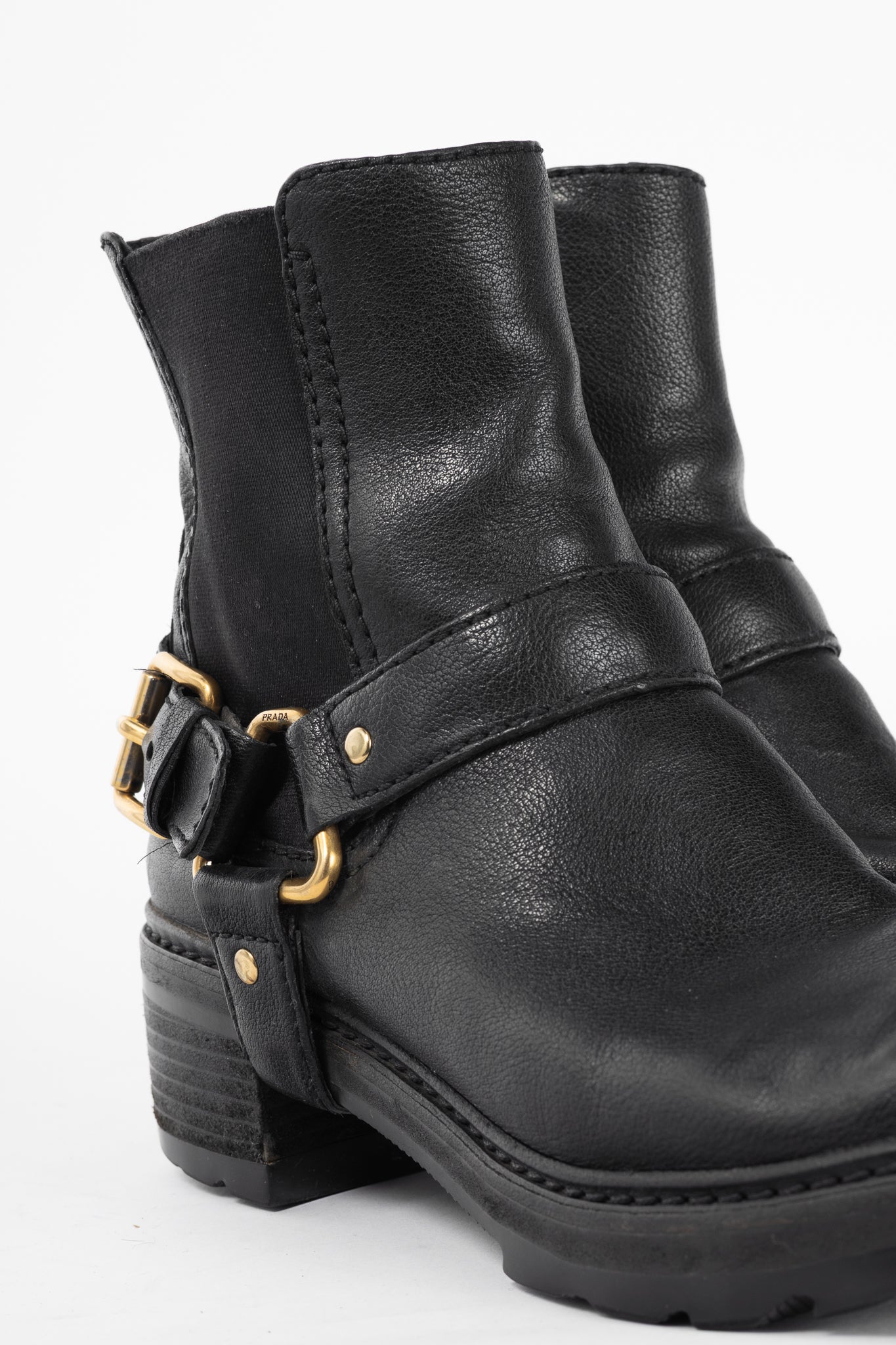 Prada Nero Bufalo Antic Harness Chelsea Boots