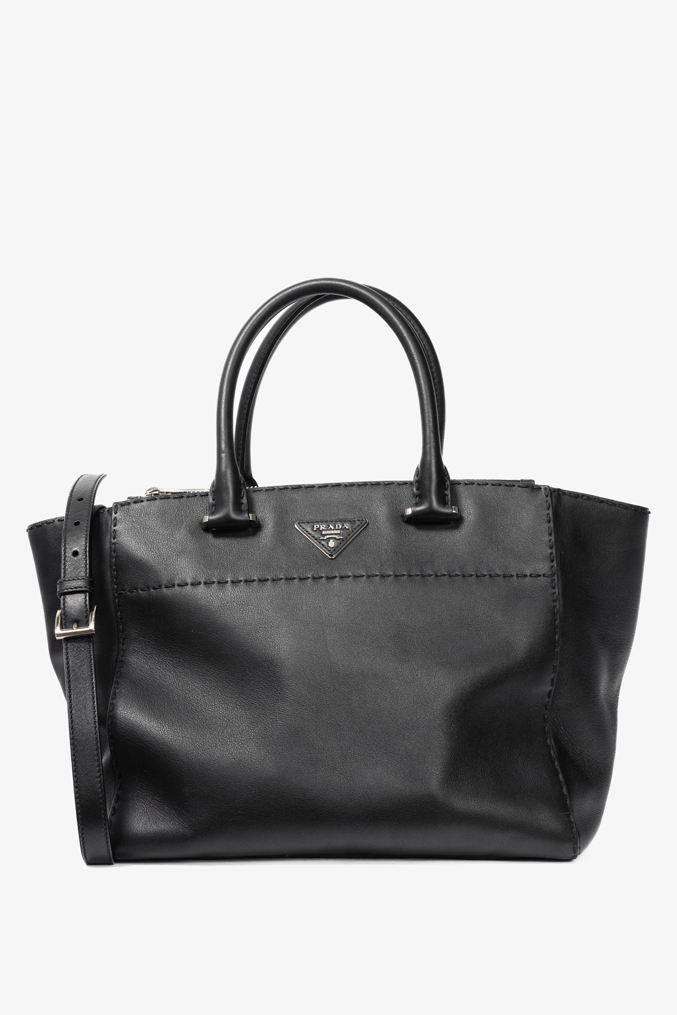 Prada Black Hand Stitched Calfskin Leather Tote