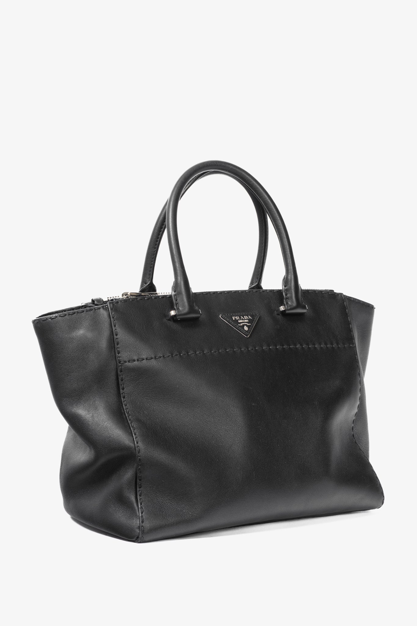 Prada Black Hand Stitched Calfskin Leather Tote