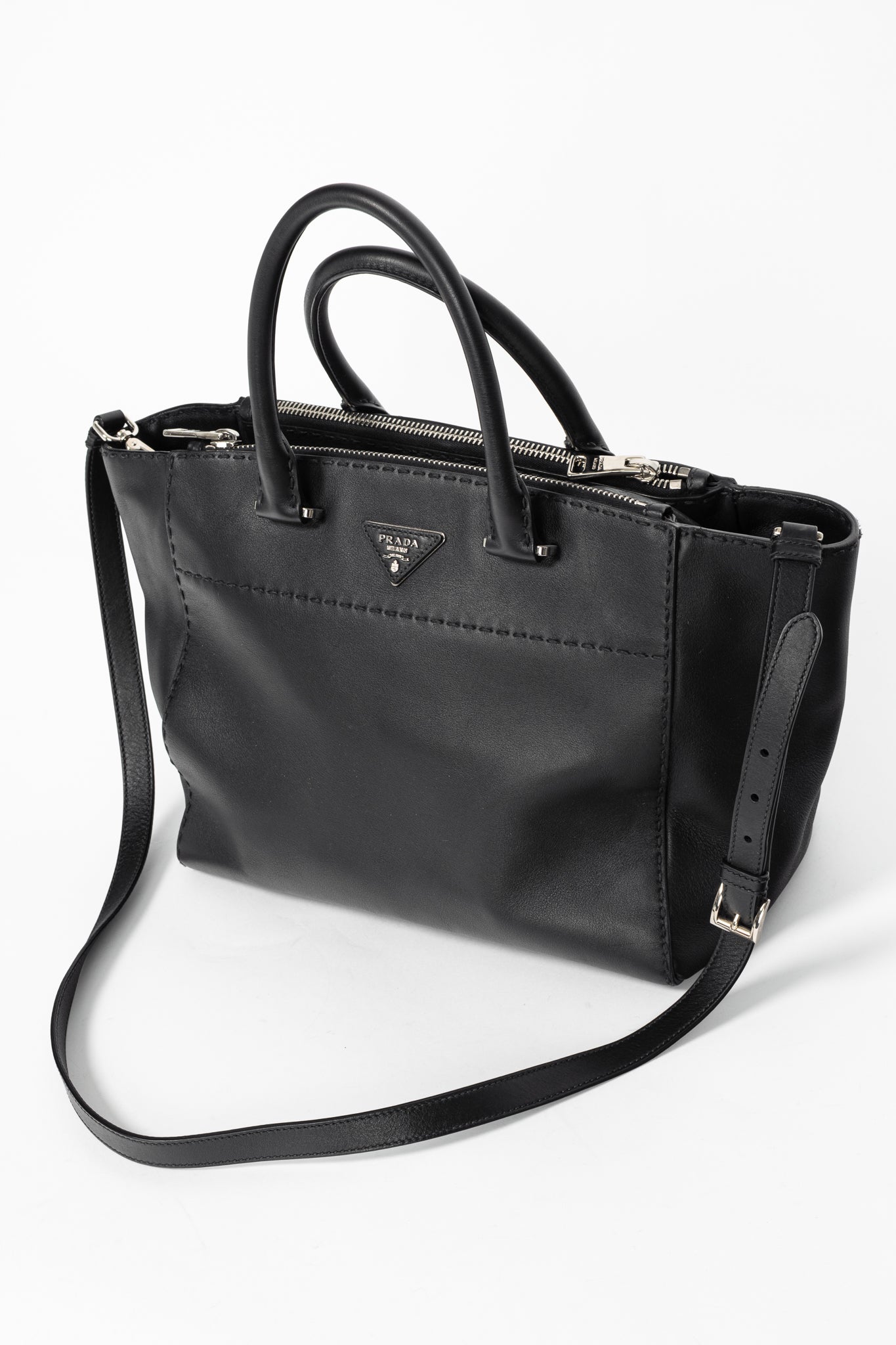Prada Black Hand Stitched Calfskin Leather Tote