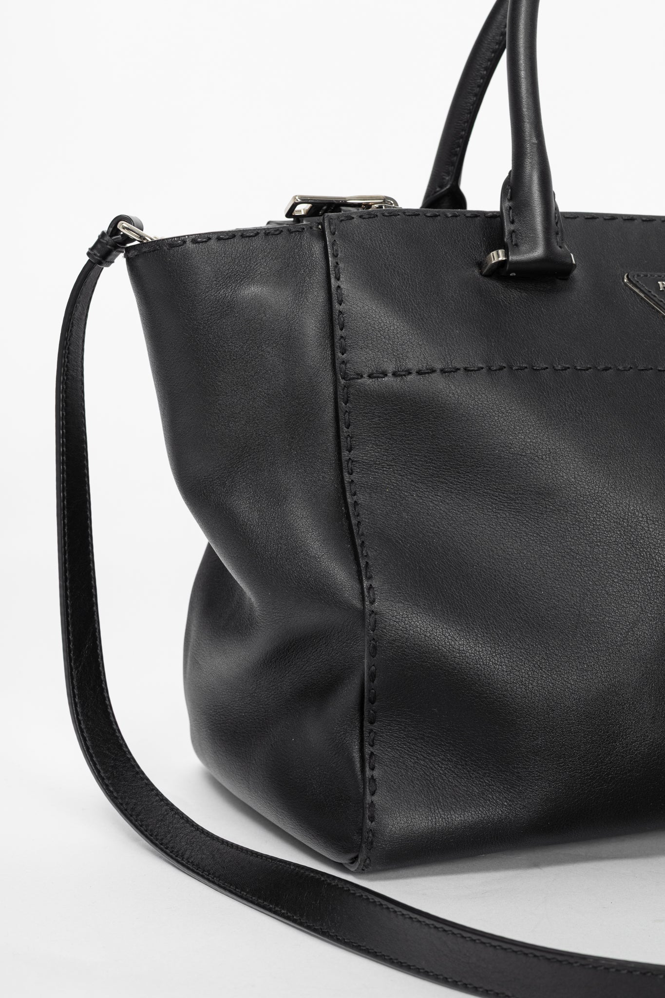 Prada Black Hand Stitched Calfskin Leather Tote