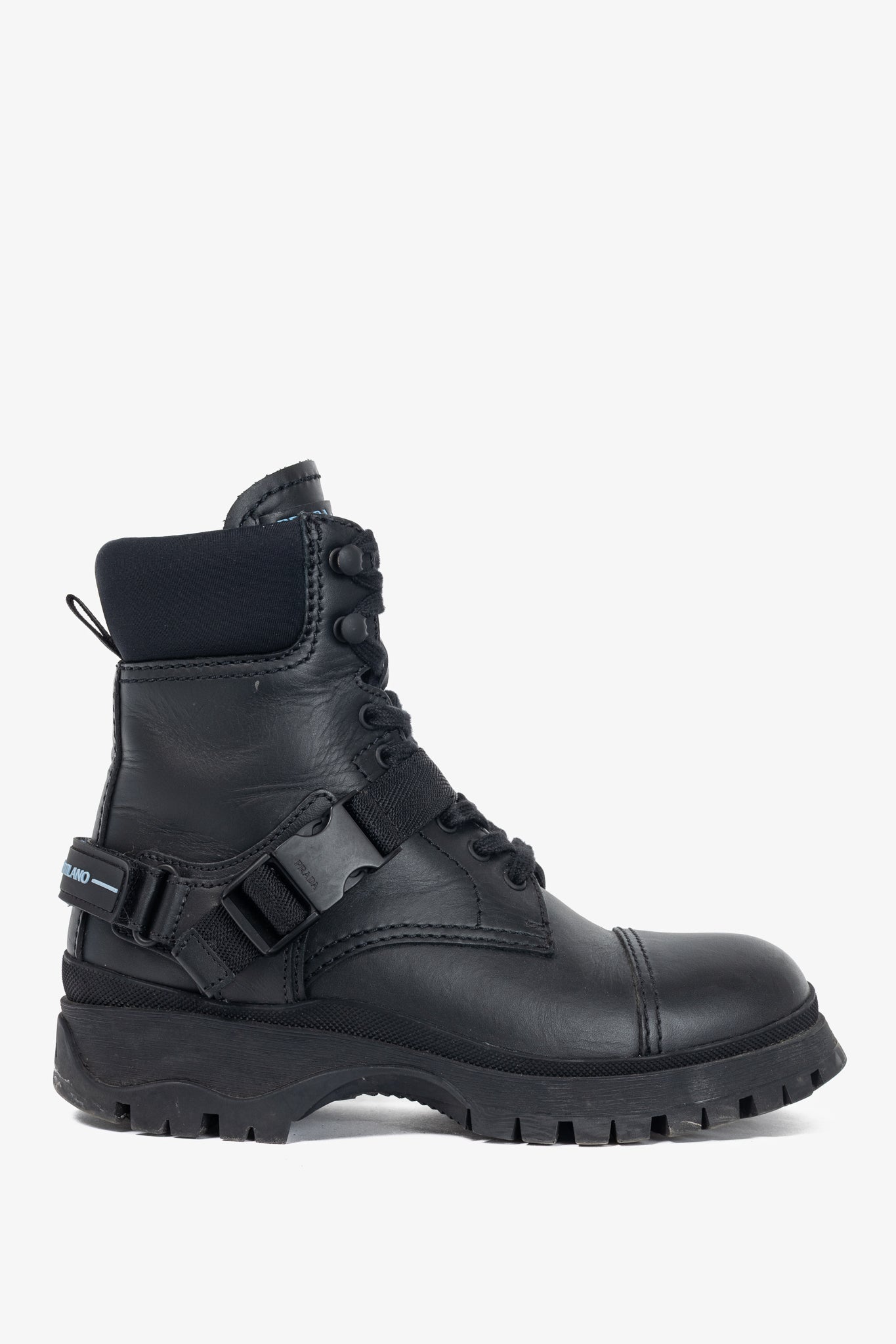 Prada AW18 Black Leather Clip-Detail Combat Boots