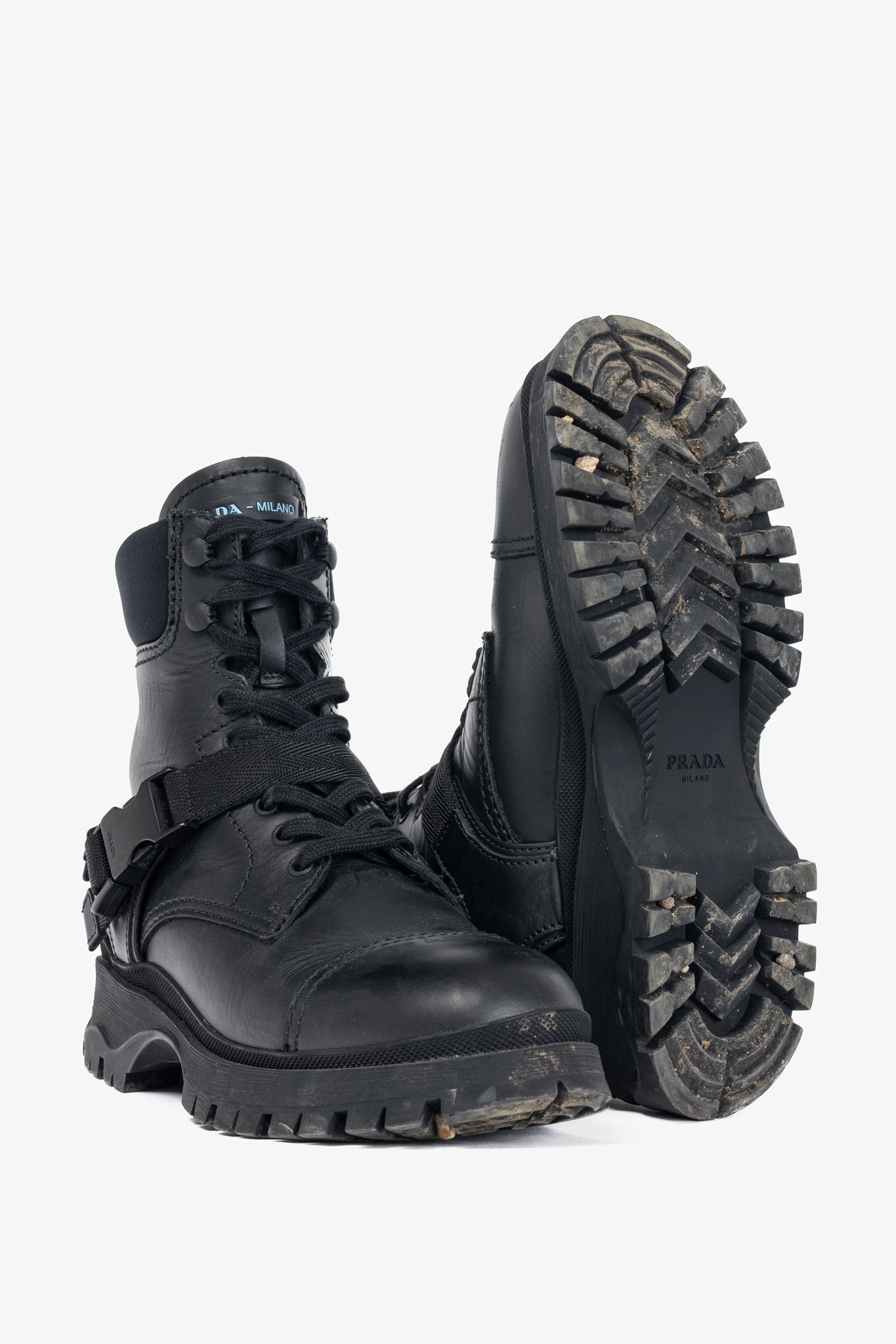 Prada AW18 Black Leather Clip-Detail Combat Boots
