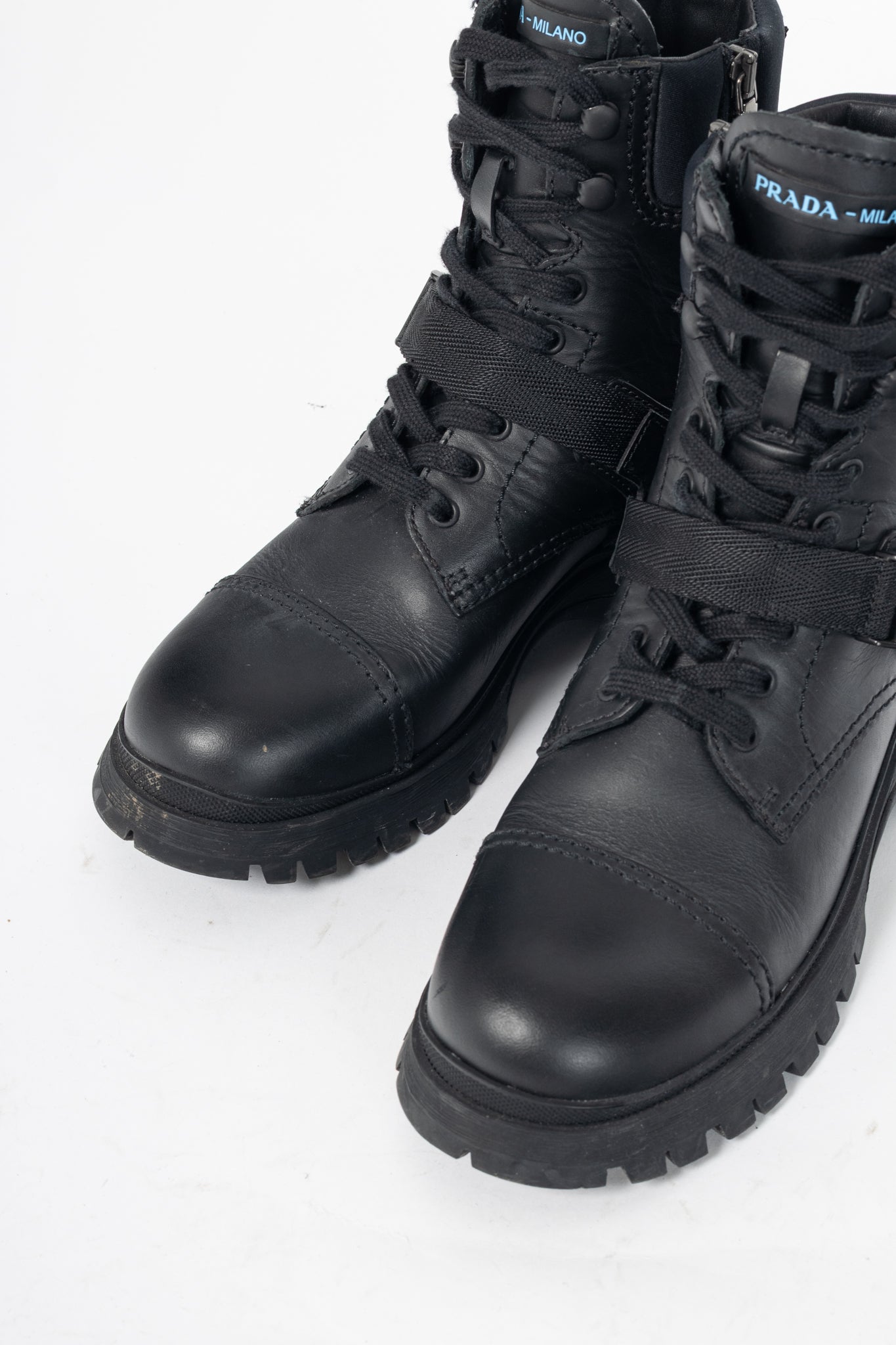 Prada AW18 Black Leather Clip-Detail Combat Boots