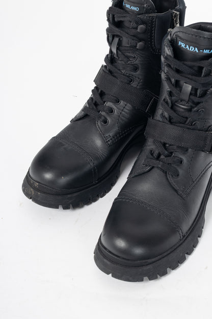 Prada AW18 Black Leather Clip-Detail Combat Boots