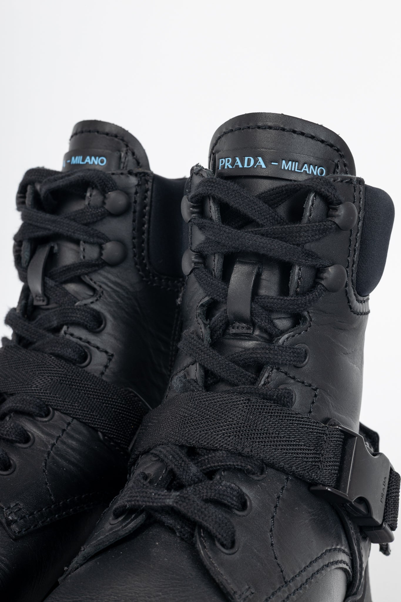 Prada AW18 Black Leather Clip-Detail Combat Boots