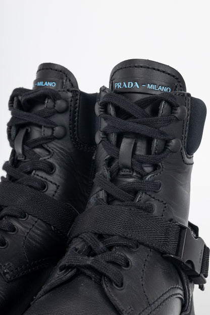 Prada AW18 Black Leather Clip-Detail Combat Boots