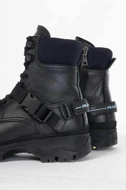 Prada AW18 Black Leather Clip-Detail Combat Boots