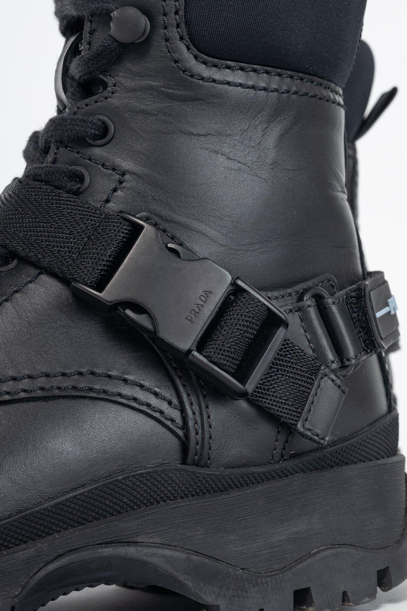 Prada AW18 Black Leather Clip-Detail Combat Boots