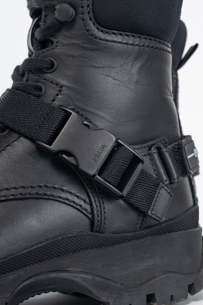 Prada AW18 Black Leather Clip-Detail Combat Boots