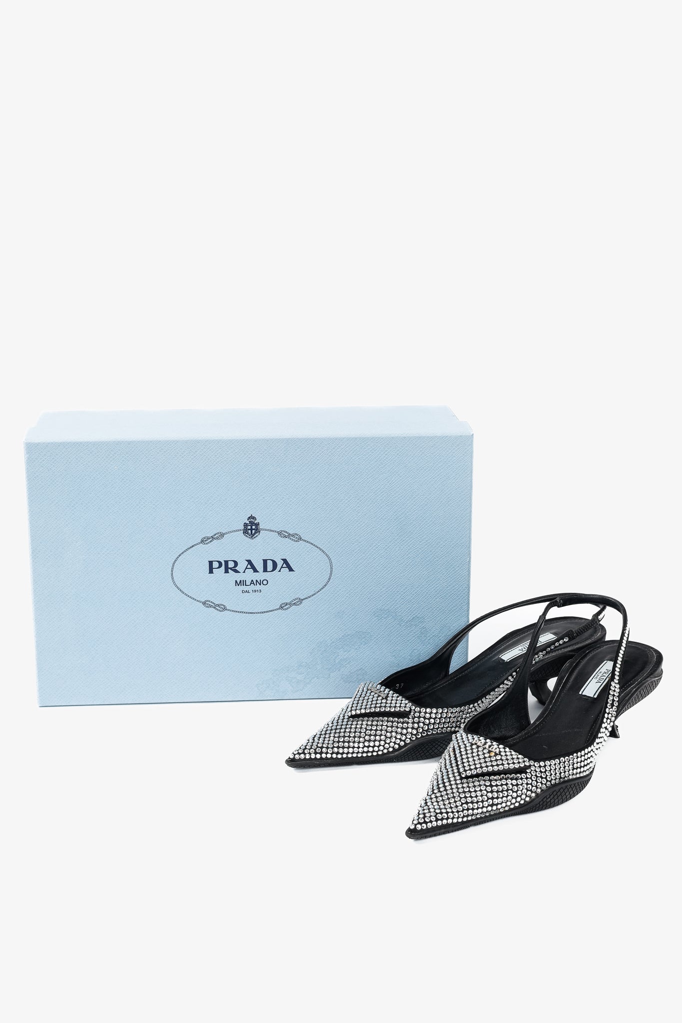 Prada Black Satin Crystal Sling-Back Pumps