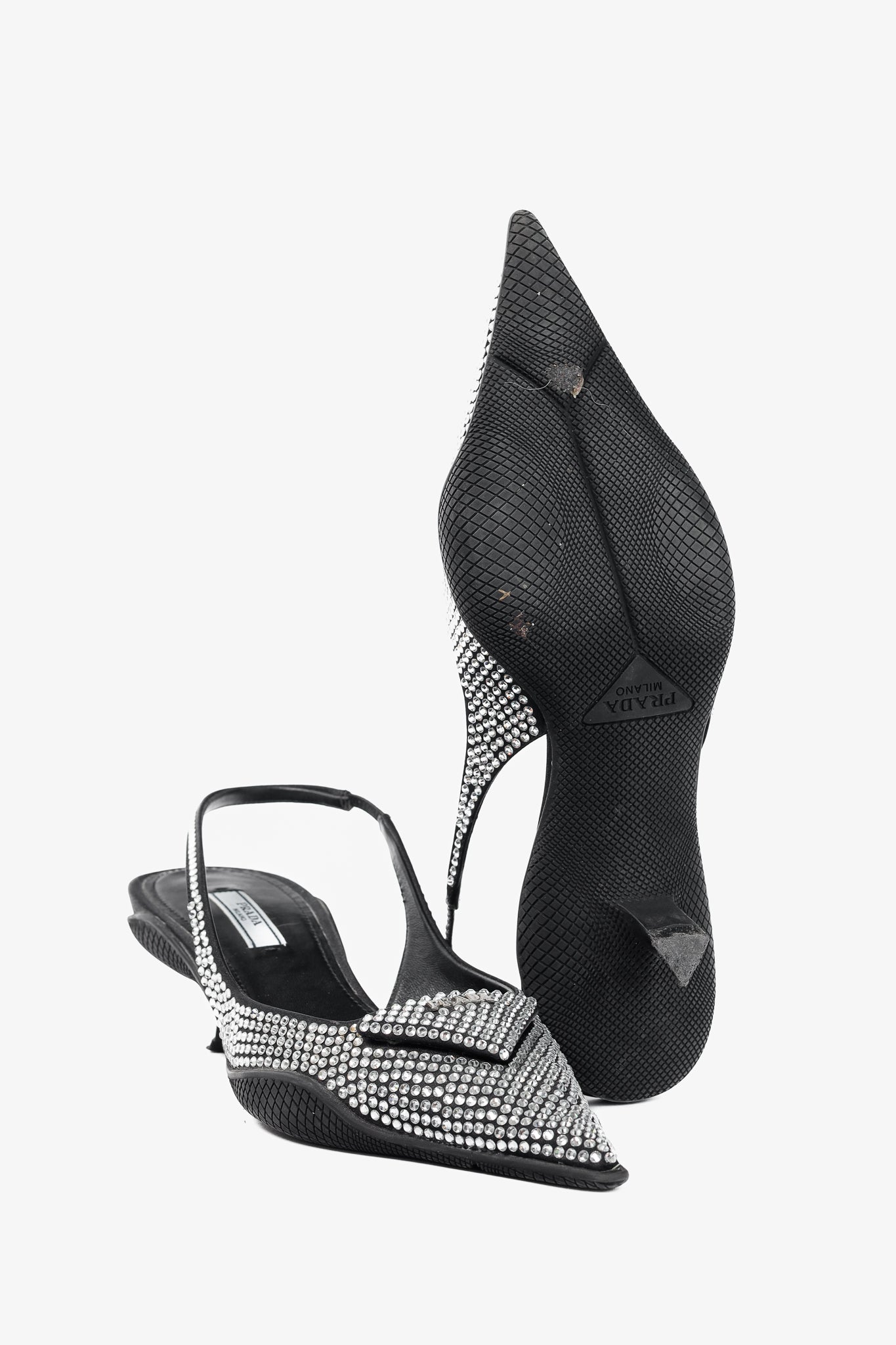 Prada Black Satin Crystal Sling-Back Pumps