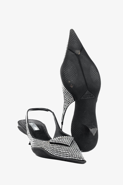 Prada Black Satin Crystal Sling-Back Pumps