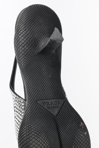 Prada Black Satin Crystal Sling-Back Pumps