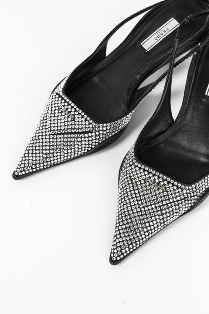 Prada Black Satin Crystal Sling-Back Pumps
