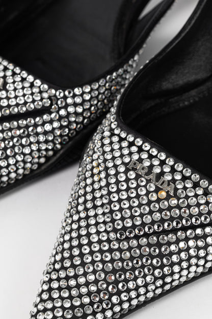 Prada Black Satin Crystal Sling-Back Pumps