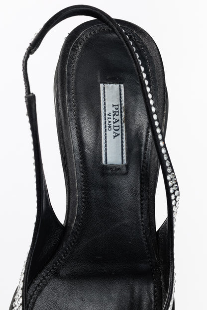 Prada Black Satin Crystal Sling-Back Pumps