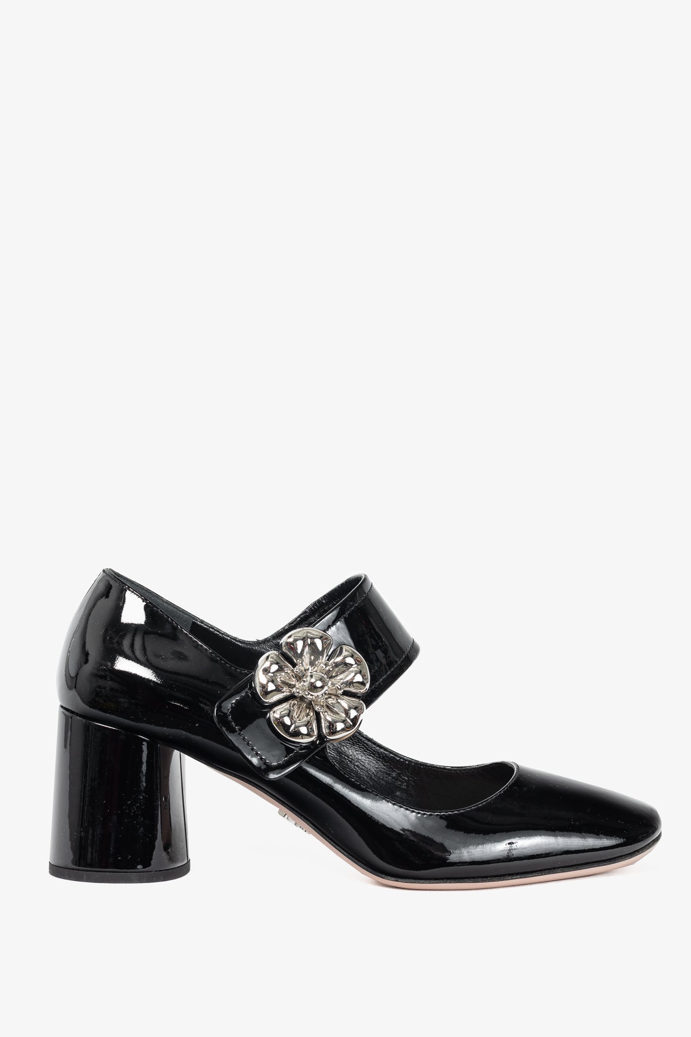Prada Nero Vernice Leather Flower Mary-Jane Pumps