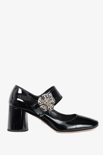 Prada Nero Vernice Leather Flower Mary-Jane Pumps