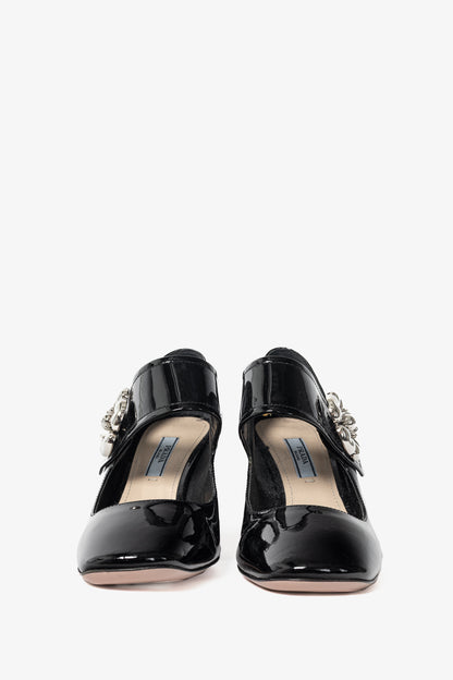 Prada Nero Vernice Leather Flower Mary-Jane Pumps