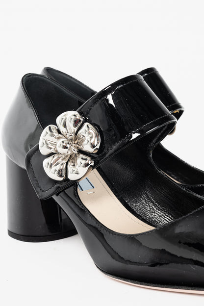 Prada Nero Vernice Leather Flower Mary-Jane Pumps