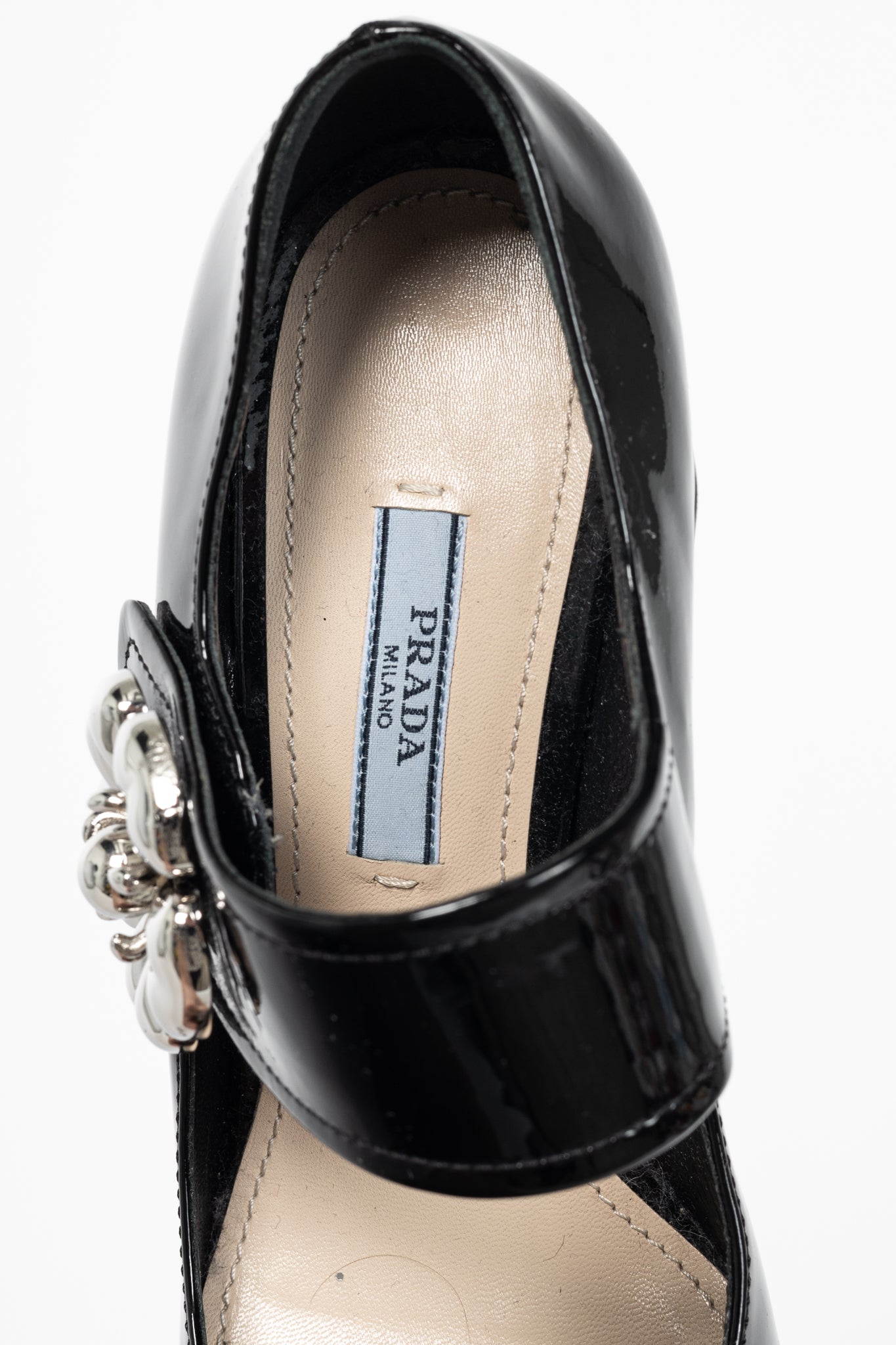Prada Nero Vernice Leather Flower Mary-Jane Pumps