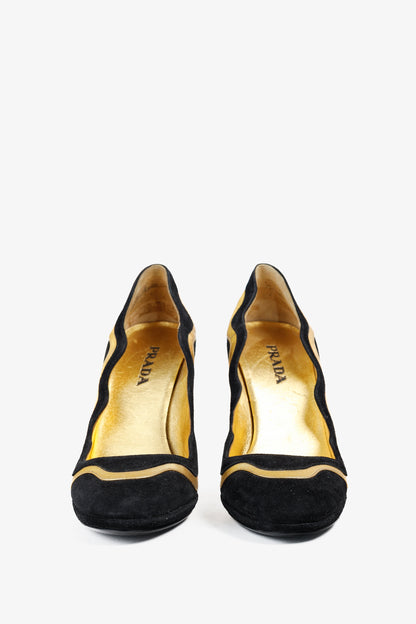 Prada SS/08 Black & Gold Suede Wavy-Stripe Scalloped Heels