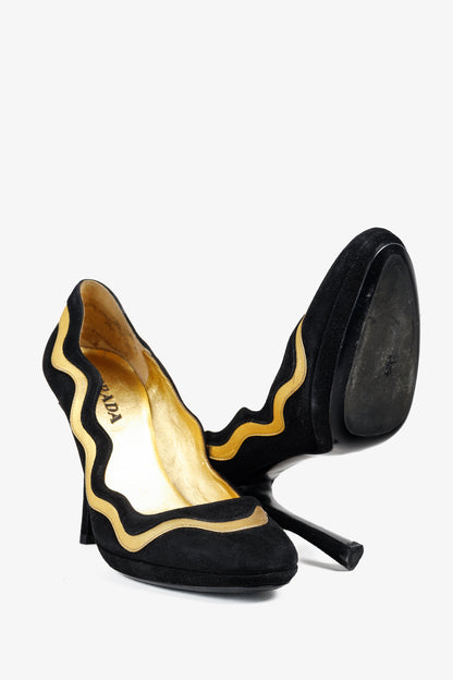 Prada SS/08 Black & Gold Suede Wavy-Stripe Scalloped Heels